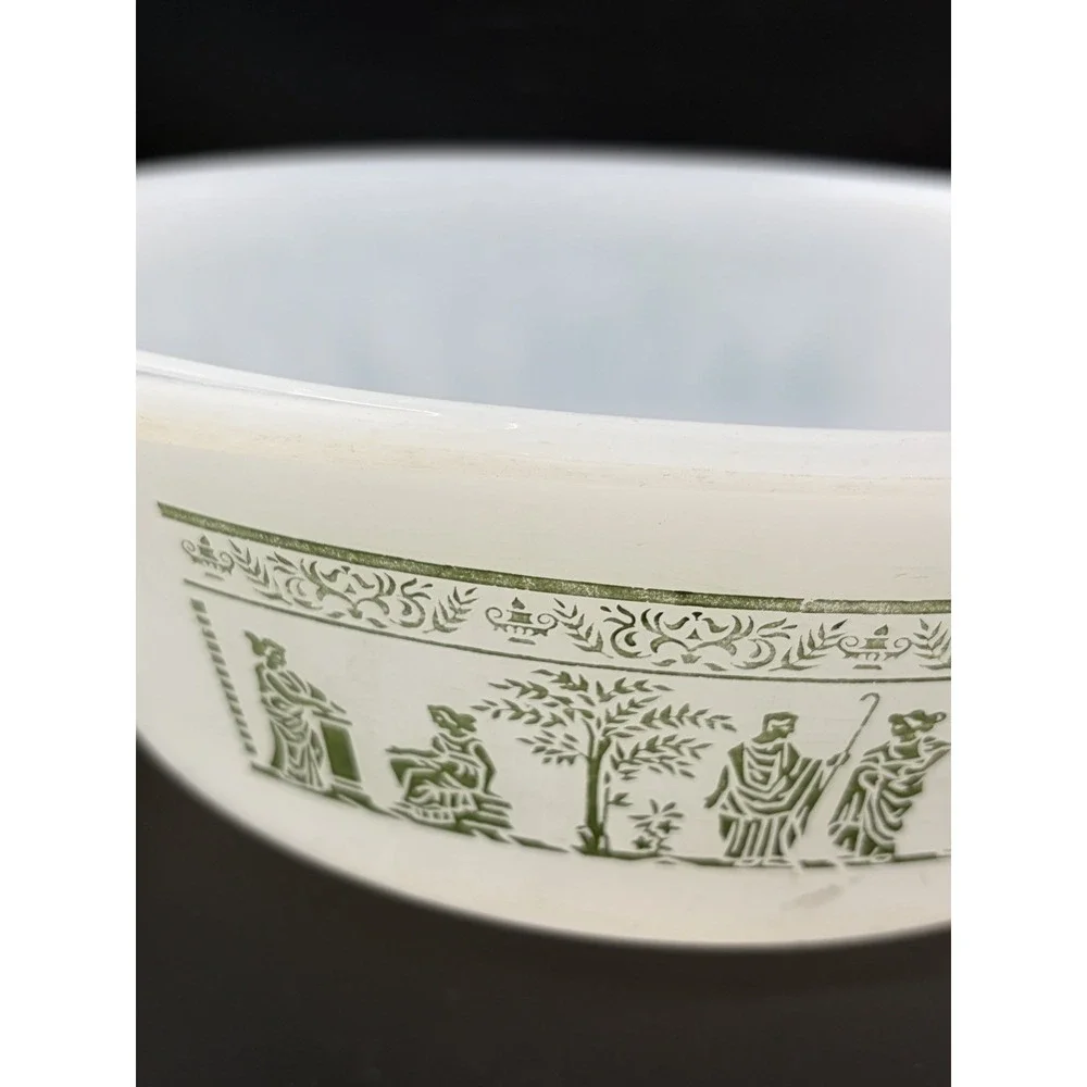 Vintage Glasbake Milk Glass With Roman Greek Green Design 2 QT Casserole Dish